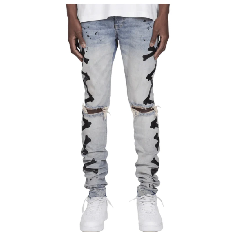 Men Jeans Fashion Streetwear Hip Hop Style Casual Men's Denim Pants Male Ripped Slim Pencil Trousers New Arrival Print Jean Blue