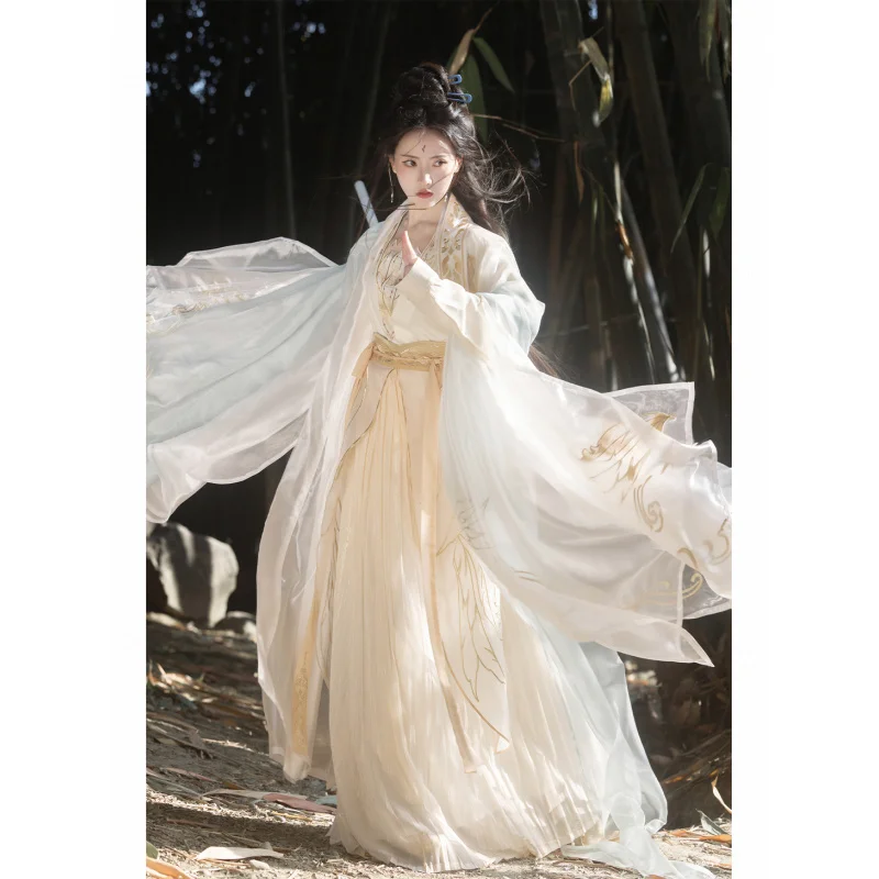 Фото Song Dynasty Hanfu — женский комплект Ruqun с вышивкой золотых перьев — элегантный сказочный стиль с широкими рукавами, новая коллекция весны и лета №1