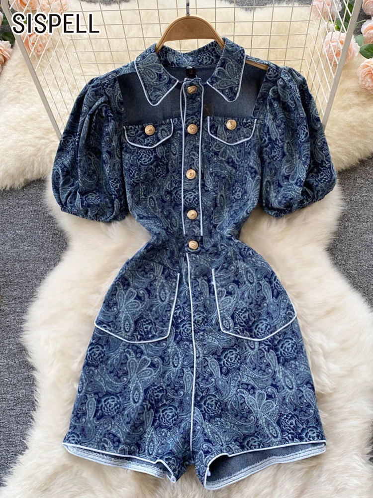

SISPELL Casual Print Playsuits Pants For Women Lapel Puff Sleeve Gathered Waist Patchwork Pockets Playsuit Female Clothing New