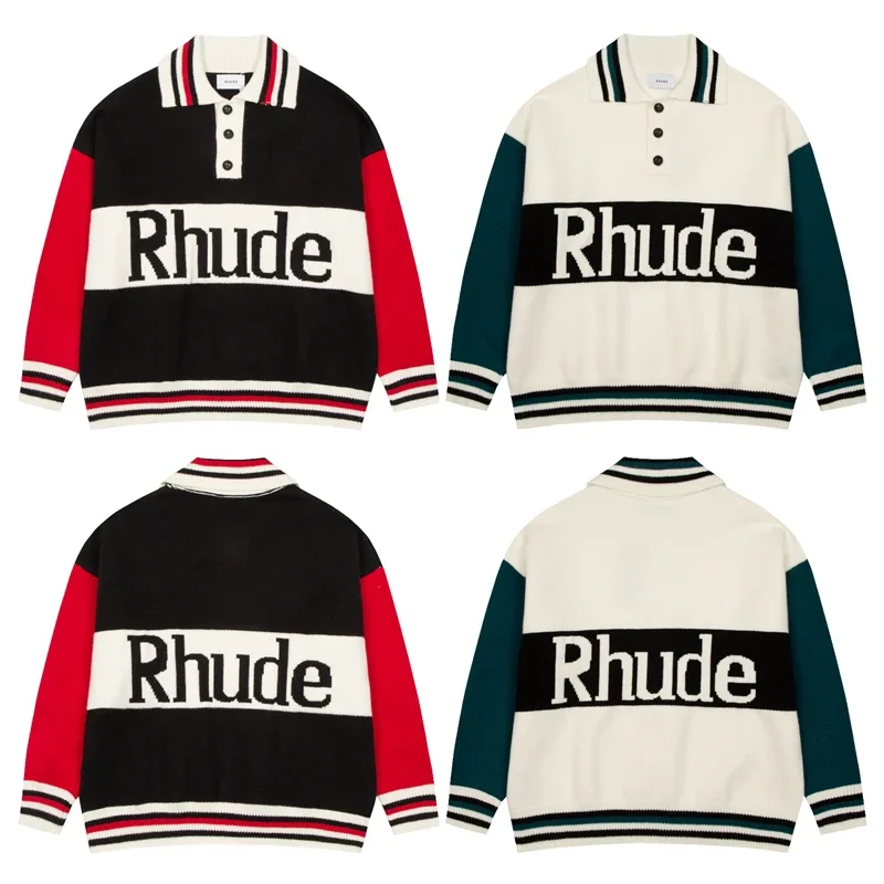 

New Hip Hop Rhude Polo Collar Jacquard Knit Sweater Men Women 1:1 Best Quality Patchwork Thick Sweatshirts Lil Peep