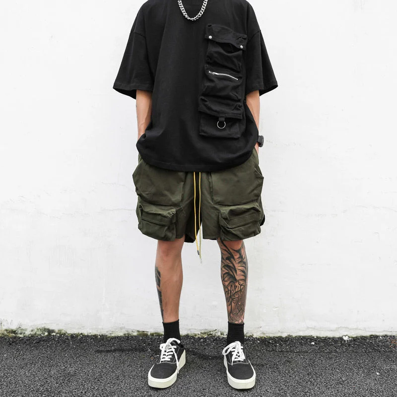 

Casual Men's Retro Army Style 2022 Cargo Pocket Men Drawstring Green Street Loose Shorts For High