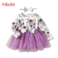 hibobi Baby Floral Printed Bowknot Decor Lace Mesh Long Sleeve Dress With Headband Spring And Autumn Casual Clothes