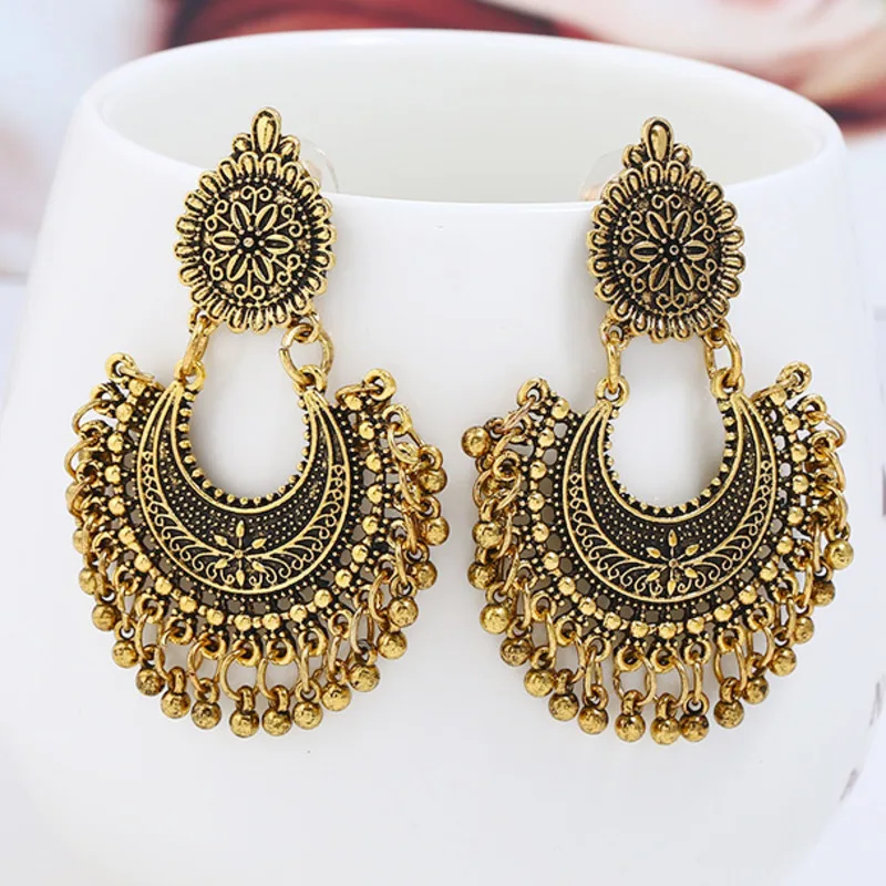 

Vintage Ethnic Earrings For Women Round Antique Gold Plated Carved Tassel Indian Earring Jhumka Jewelry