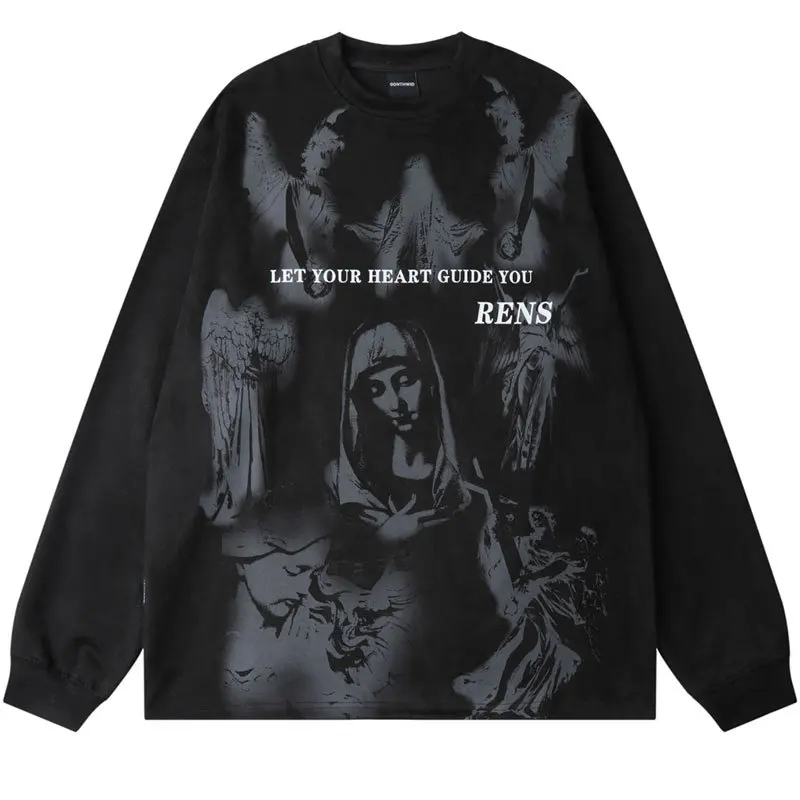 

Vintage Suede T-Shirt Men Hip Hop Virgin Mary Print Suede Long Sleee Shirt Harajuku Punk Gothic Tshirt Fashion Loose Streetwear