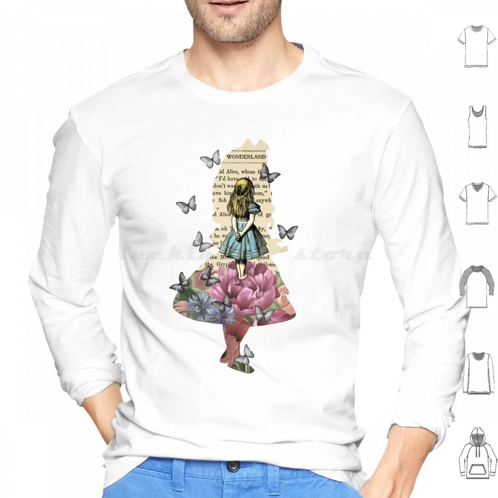 

Alice In Magical Garden-Vintage Book Hoodies Long Sleeve Alice In Tea Party Lewis Carroll Book Quote Quotes Vintage