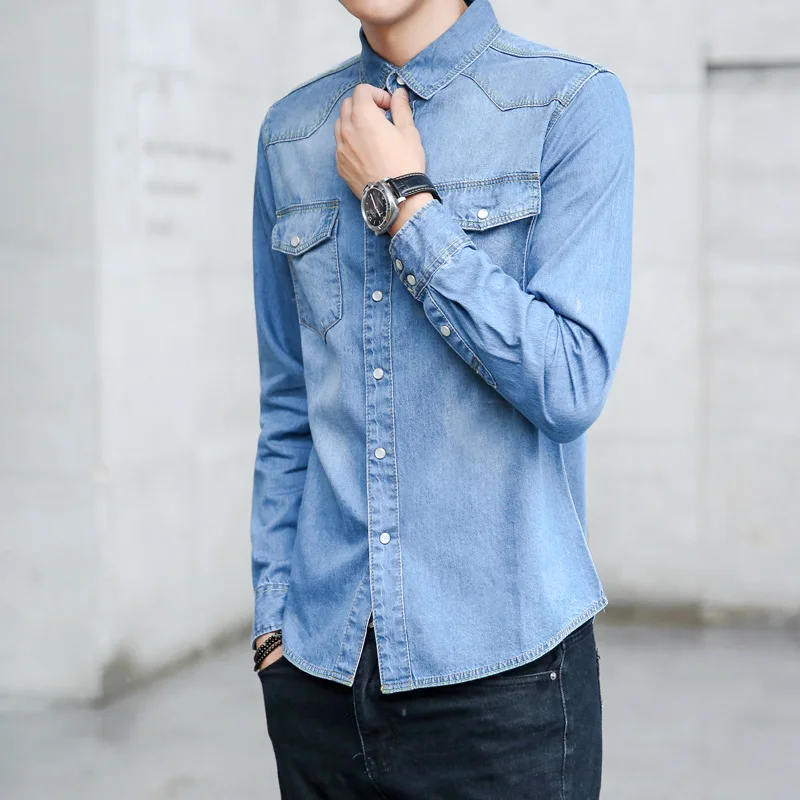 Men's Jeans Shirts Slim Long Sleeve Shirts Men Pure Cotton Jeans Casual Shirts for Men Spring and Autumn