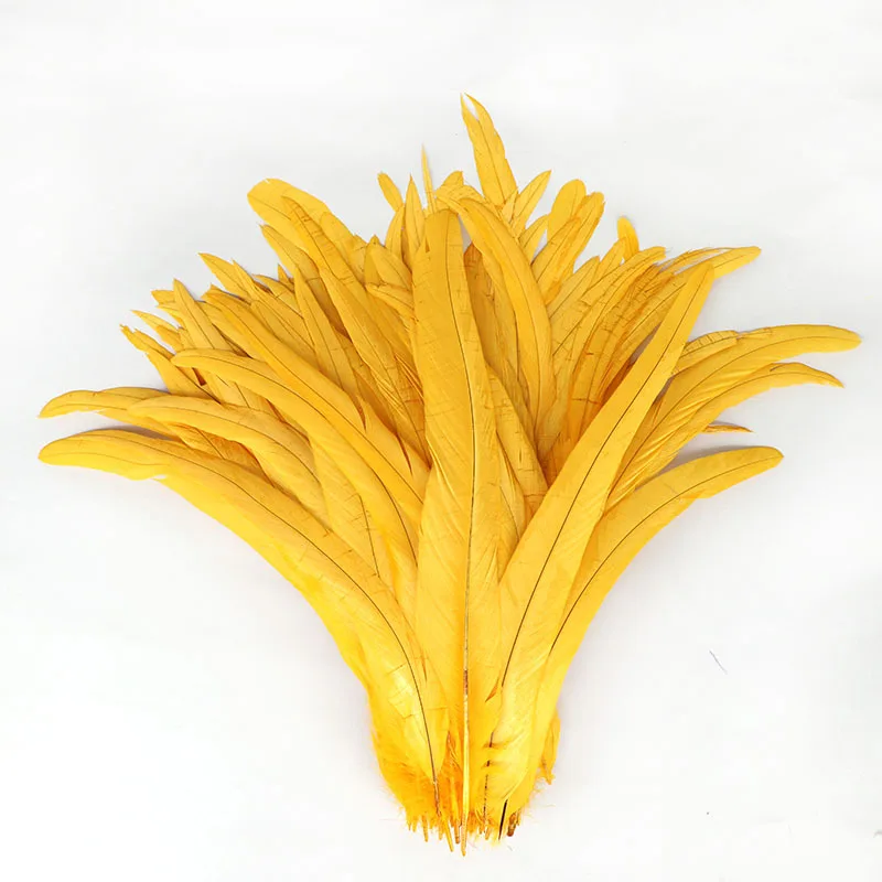 

Wholesale 100Pcs Gold Yellow Colored Rooster Feathers for Crafts Fly Tying Materials Long Pheasant Carnival Wedding Decoration