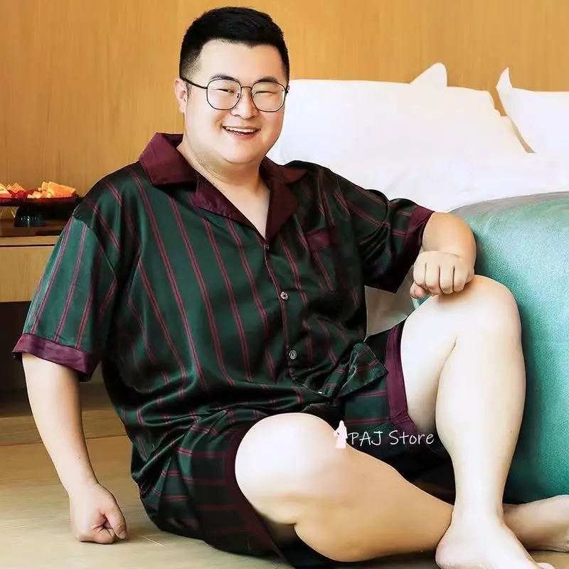 Silk Men Summer Pajama with Shorts  Leisure Tops Pyjama Sets Plus Size Pyjamas Short Sleeve Oversize Plaid Pants Satin Trousers