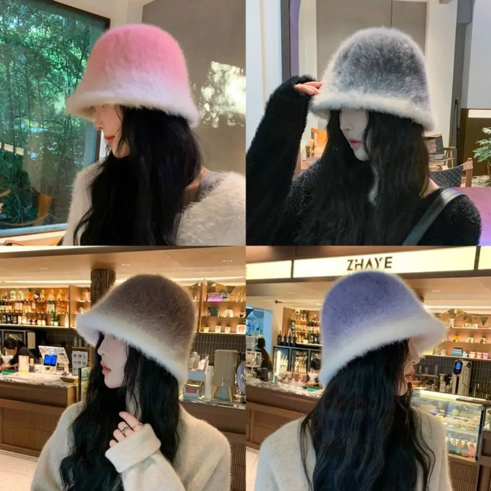 

Rabbit Hair Rabbit Bucket Hat Fashion Gradual Change of Color Show Face Small Turban Cap Basin Caps Winter Hats Women