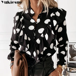 Womens Elegant Ruffle Blouse Shirts Polka Dot Leopard Blouses Femme 2022 Summer V-Neck Long Sleeve C