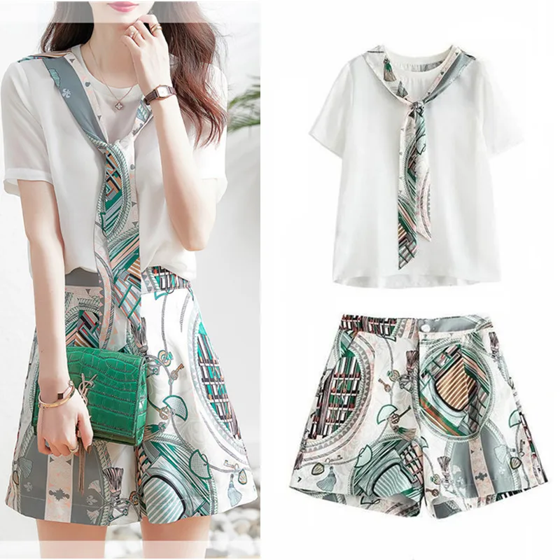 

2 Piece Set Women Summer Europe Fashion Floral Print Short Sleeve Blouses Tees Tops And Short Pants Suit Clothing Set NS270