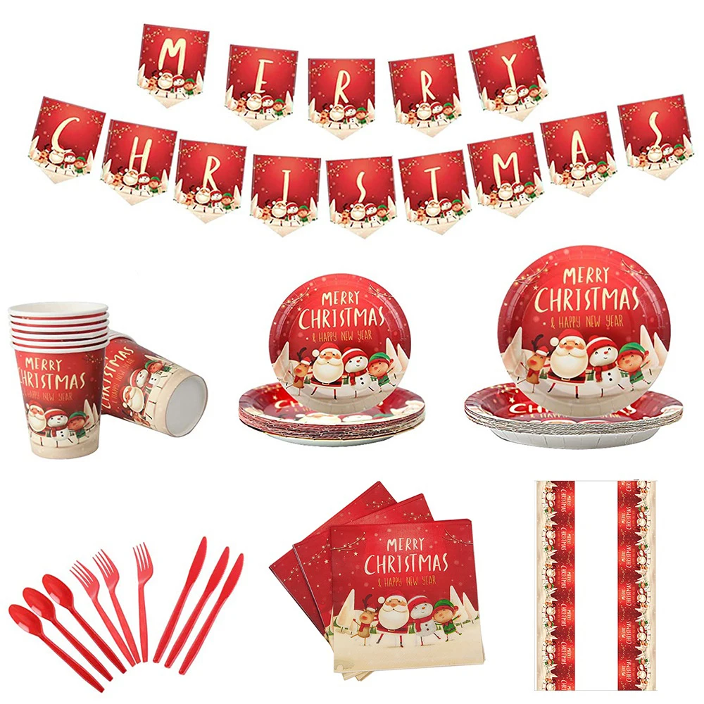 

Christmas Disposable Tableware Set Red Xmas Themed Disposable Paper Straws Plate Cup for New Year Home Dinner Table Decor