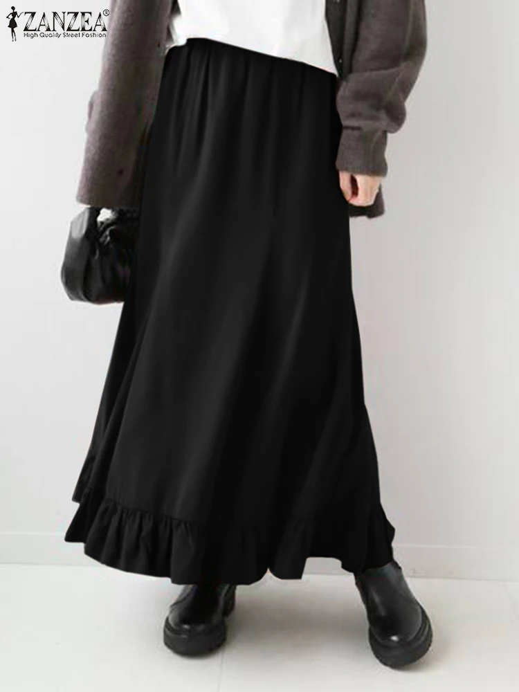 

Винтажная Однотонная юбка-макси ZANZEA 2022, модная женская повседневная юбка с эластичной талией для вечеринок, свободные элегантные длинные ю...