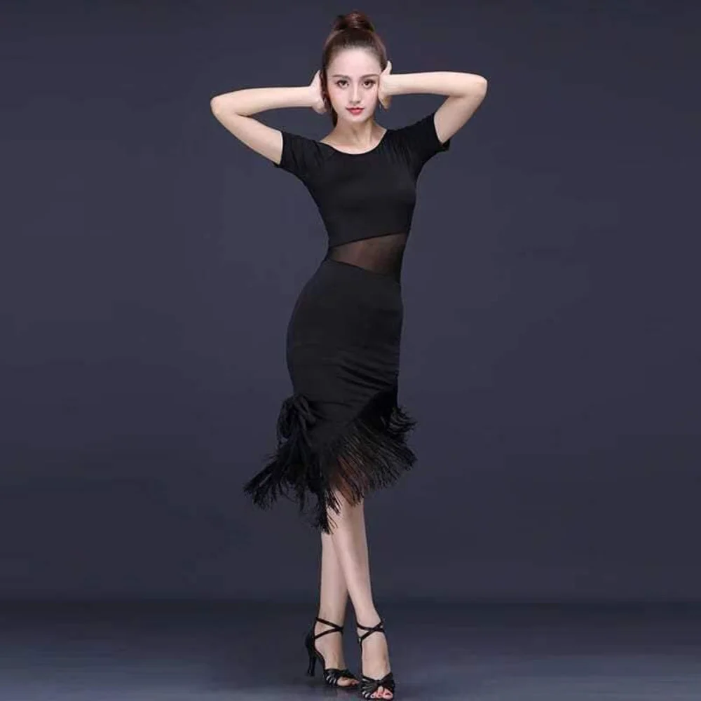 

Latin Dance Dresses for Women Fashion Short Sleeve Skirt Spandex Ballroom Samba Tango Costume Vestidos De Baile