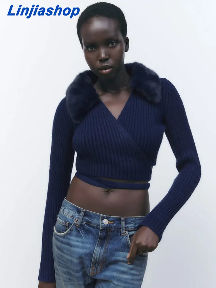 

Женский короткий свитер на завязках, однотонный пуловер с воротником из искусственного меха и длинными рукавами, весна 2022