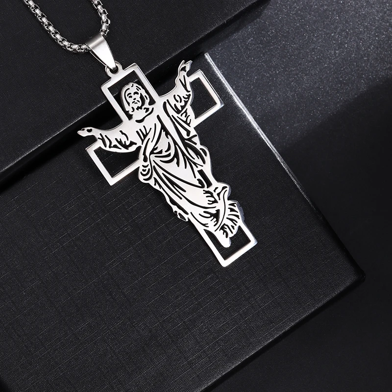 

Classic Vintage Stainless Steel Jesus Cross Cutout Design Pendant Necklace Men Women Religious Amulets Party Jewelry Gifts