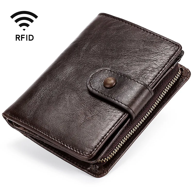 2022 New 100% Leather Crazy Horse Leather Multifunctional 12 Card Men's Wallet Leather RFID Buckle Leisure Retro Leather Wallet