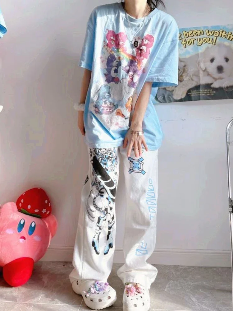 Женские белые брюки QWEEK Y2K с аниме-принтом широкие в японском стиле кавайные