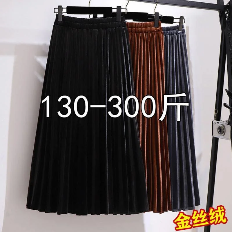 

Half skirt female 300kg large size 200 autumn winter golden velvet half skirt female high waist 300 skirt fat sister medium