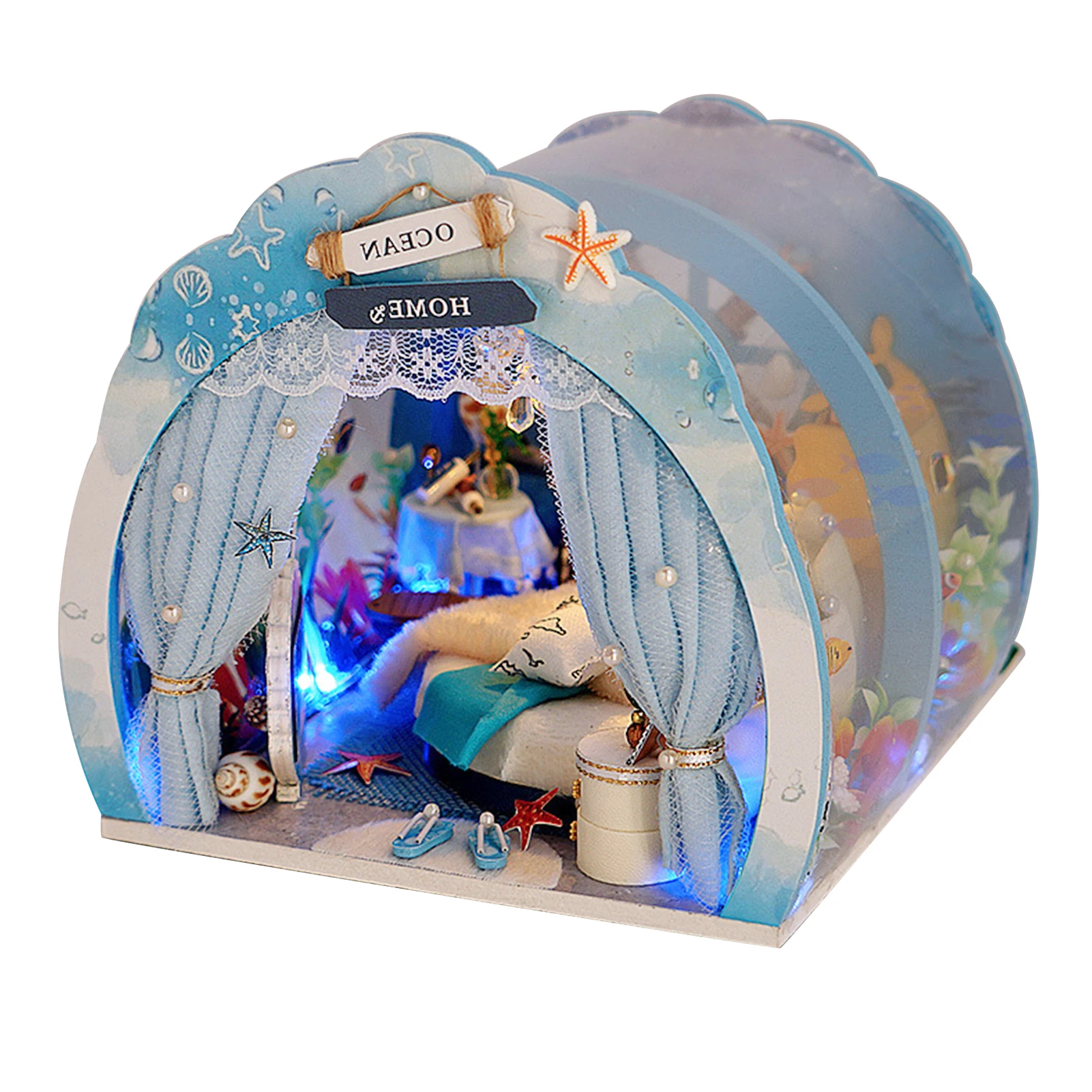 

With Furniture Cute For Kids Christmas Miniature DIY Dollhouse Kit LED Light Wooden Home Decor Birthday Gift Girls Craft Ocean