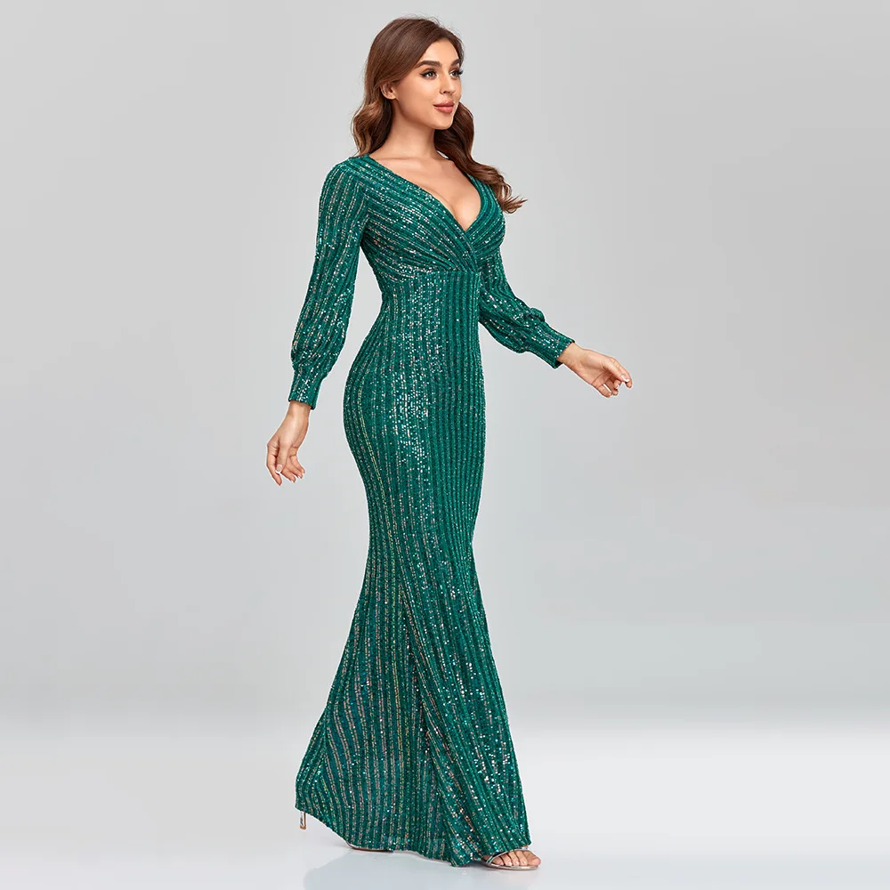 fashion elegant Long sleeve women's dress Mermaid V-neck luxury evening dress Sequin Beaded Wedding Guest Party Cocktail Dresses