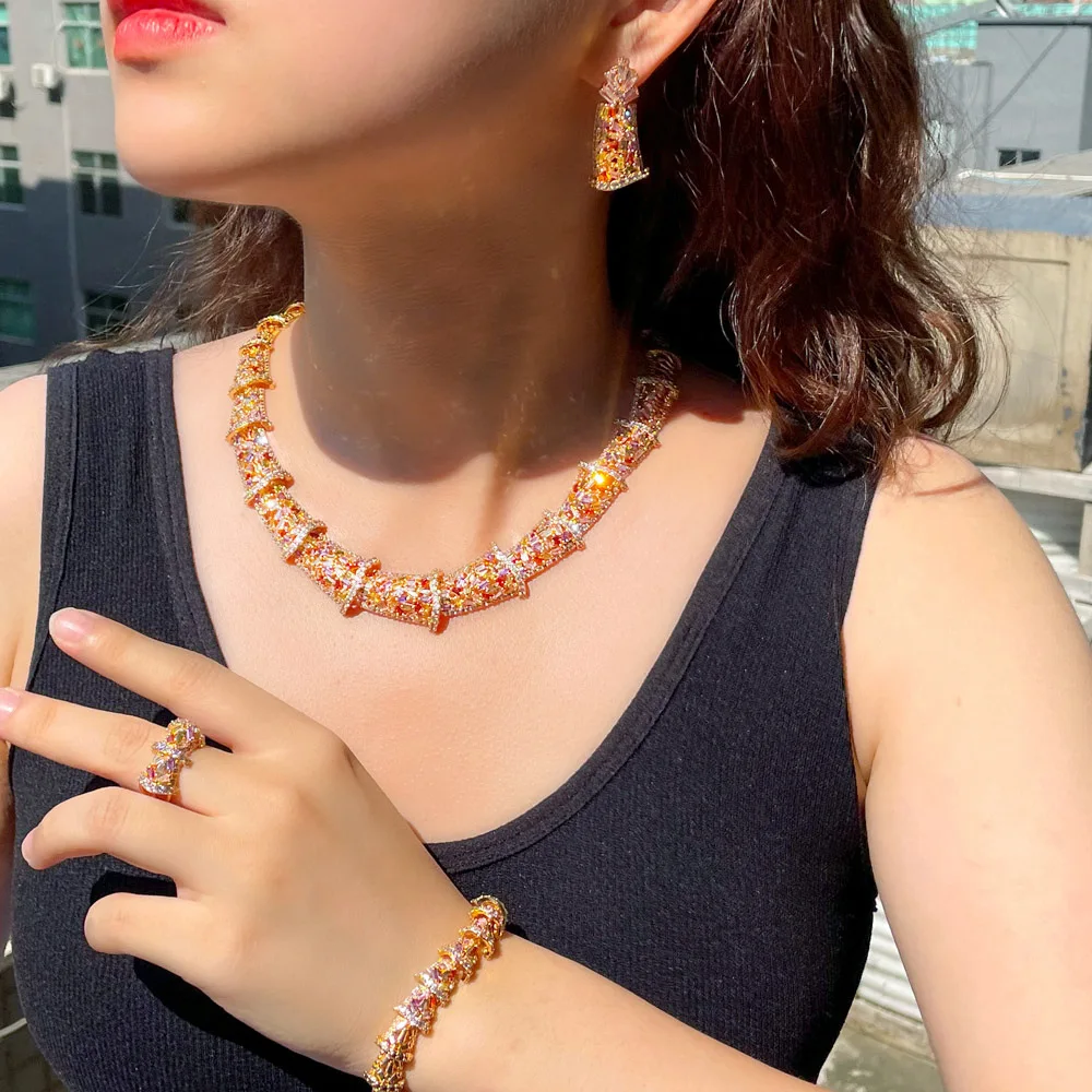 

Dubai Zircon Set Bridal Necklace Earrings Ring Bracelet DD10082
