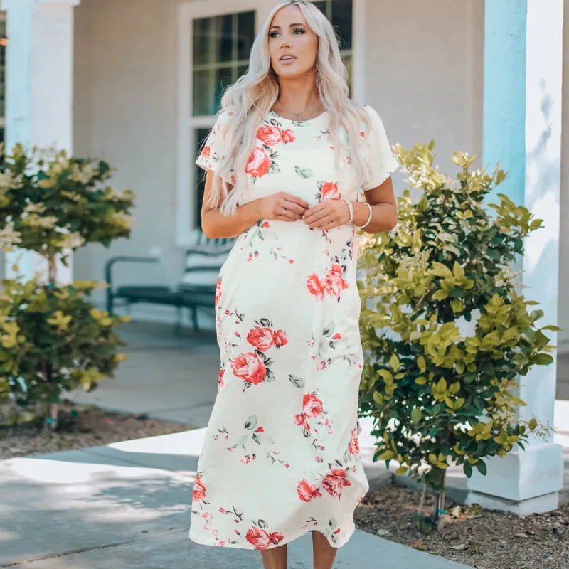 

Женское платье с коротким рукавом, длинное платье оверсайз с принтом роз, пуловер с круглым вырезом и прорезями, 619214