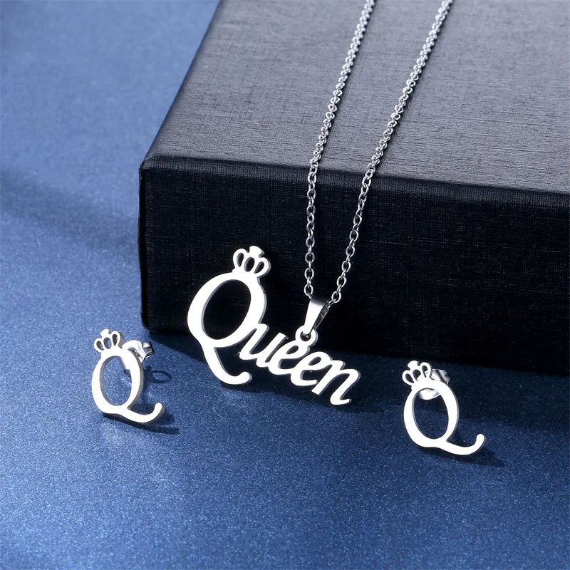 

Stainless Steel Silver Color Queen Pendant Chain Necklace Stud Earring for Women Party Birthday Fashion Jewelry Set Gift