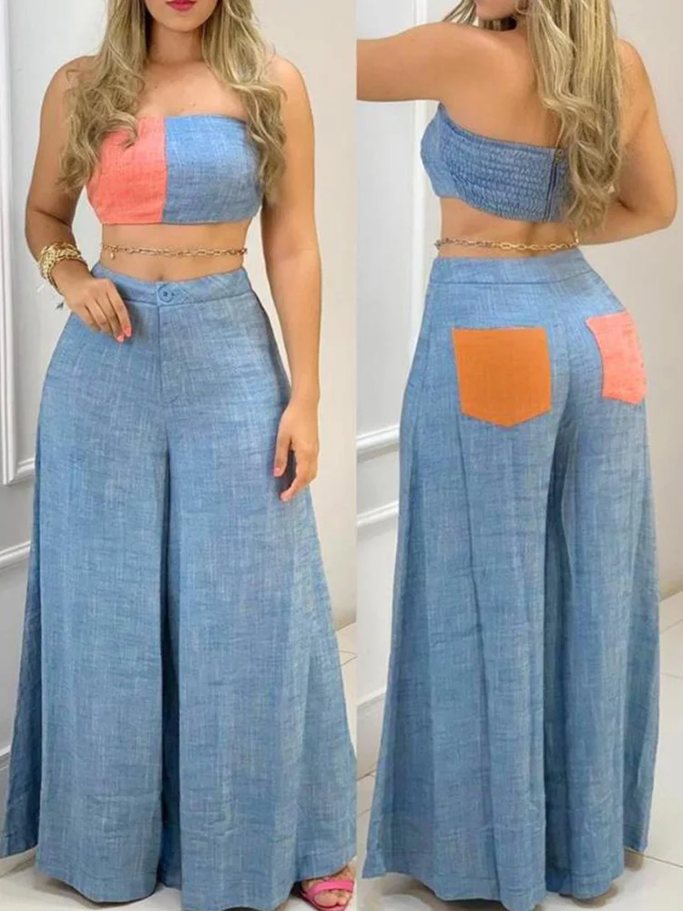 

Women Two Piece Set Outfits Colorblock Bandeau Sleeveless Shirring Crop Tops & Wide Leg Pants Set