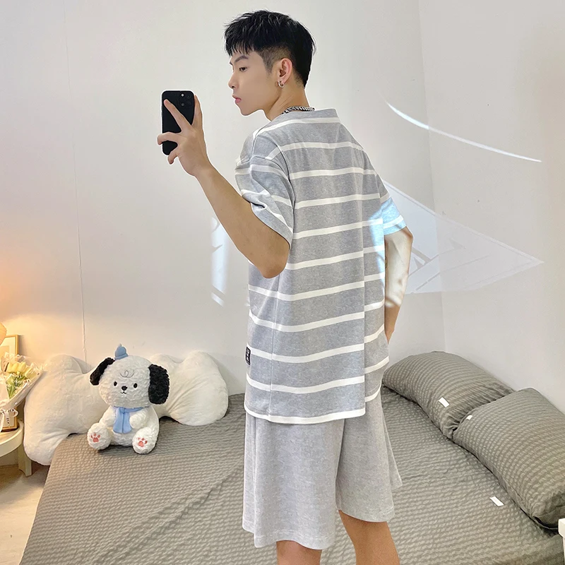 Men Cotton Striped Summer Sleepwear Set Classic Gray Casual Home Loungue Confortable Nightwear Pajamas