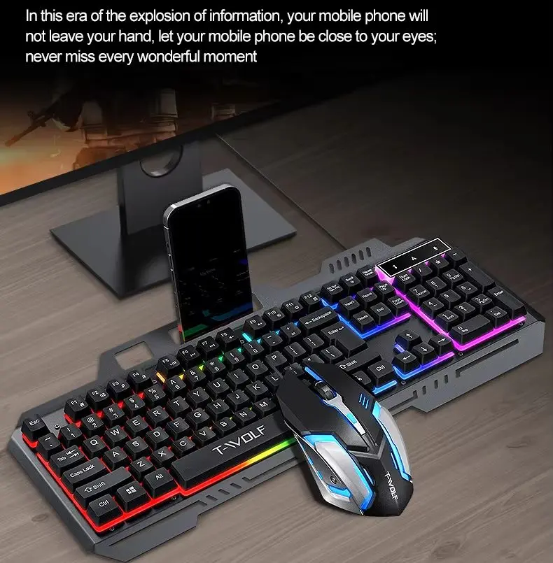 Фото Механическая игровая проводная клавиатура с RGB-подсветкой и мышью, металлическая панель, эргономичный комплект для ПК, ноутбука, планшета. №2