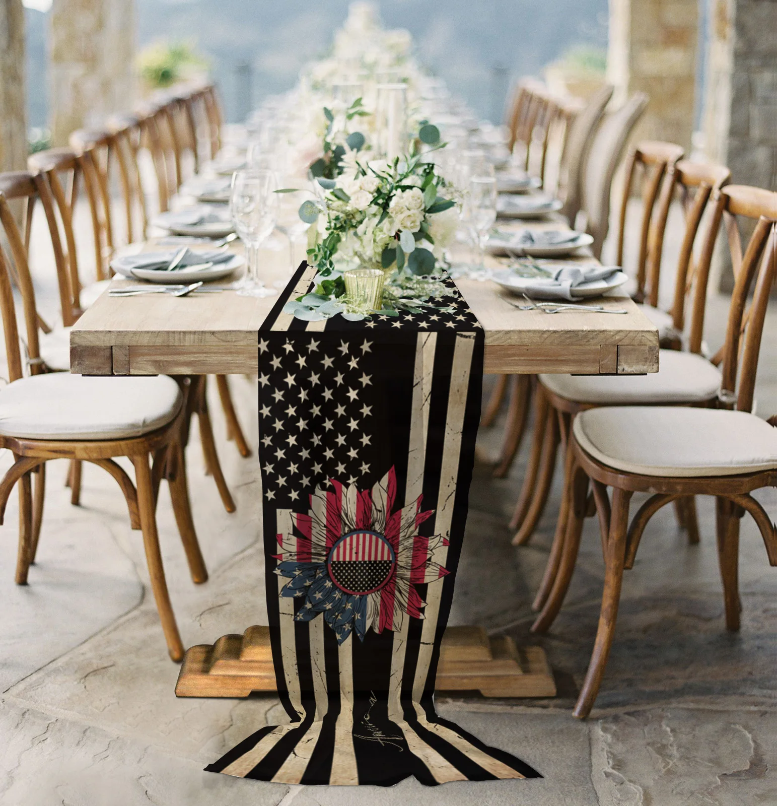 

Тюль в стиле ретро с американским флагом и подсолнухом, прозрачная шифоновая скатерть для стола, праздничный тюль для свадьбы, дня рождения,...