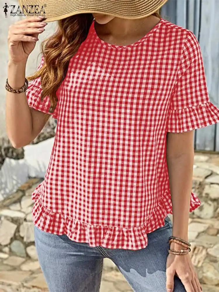

Коллекция 2023 года, модные топы ZANZEA в клетку с принтом, летняя блузка с коротким рукавом и круглым вырезом, Повседневная Уличная рубашка с оборками, женская элегантная Рабочая сорочка