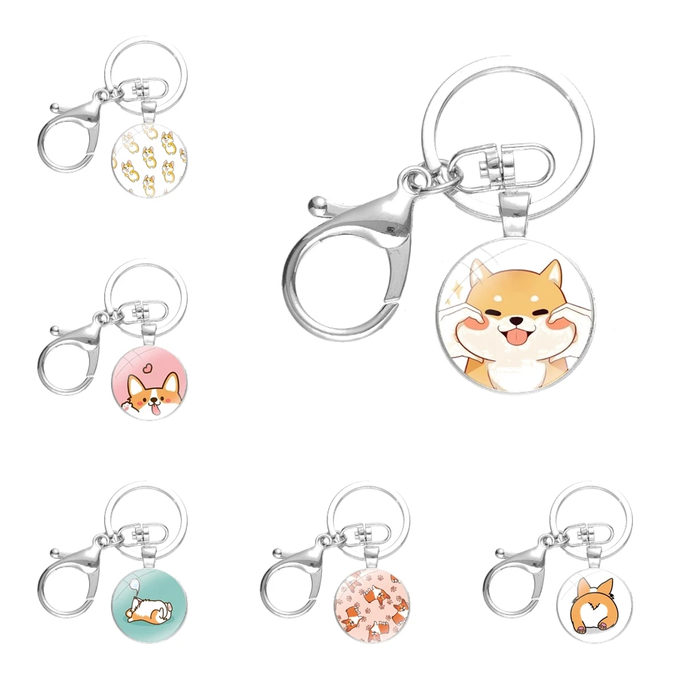 

Cartoon Corgi Dog Keychain Handmade Glass Cabochon Key Ring Holder Pendant Key Chains