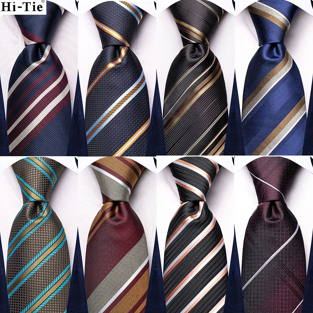 

2023 New Hi-Tie Navy Blue White Striped Designer Gift Tie for Men Fashion Brand Wedding Party Necktie Handky Cufflinks Dropship