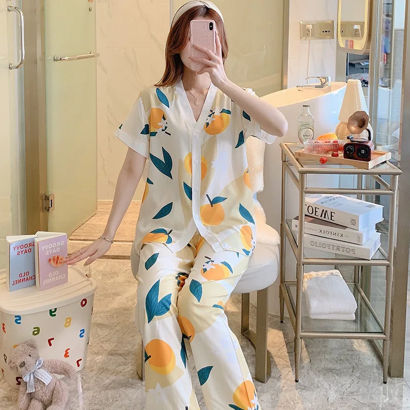 Womens Thin Cotton Pajamas Set  Pyjamas Set Ladies Super Soft Sleepwear Short Sleeve Button Down Nightwear with Long Pants 2pcs