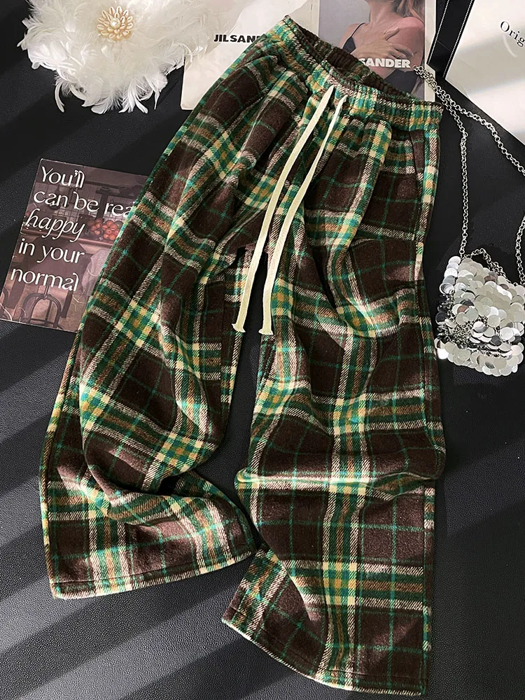 Женские широкие брюки в зеленую клетку размера плюс осень-зима 2023 новые