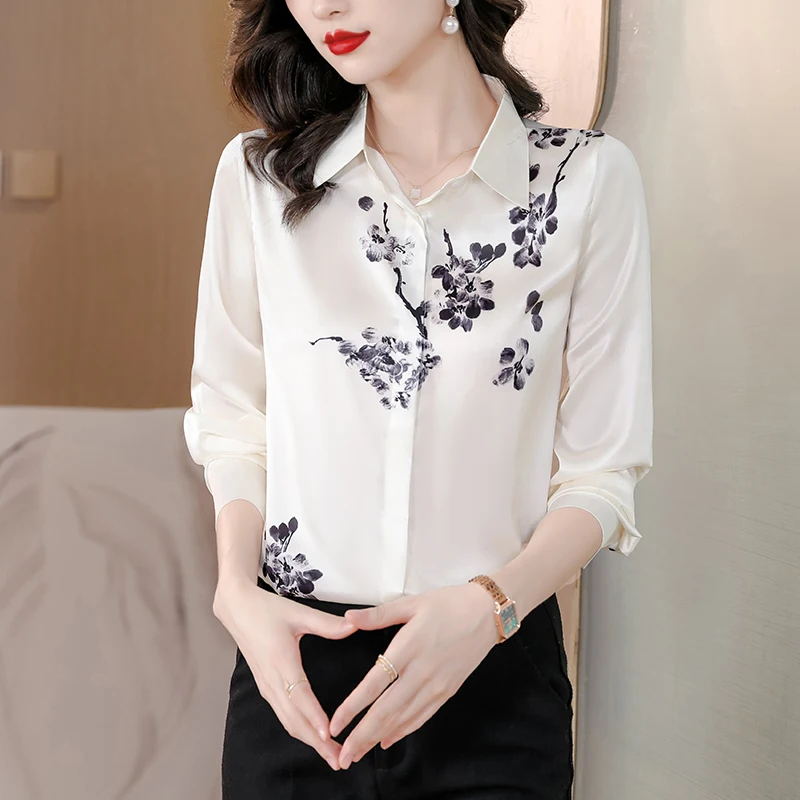 

Satin Women's Shirts New Printed Silk Casual Blouses Loose Spring/Summer 2023 Ladies Clothing Long Sleeves FLORAL FASHION Tops