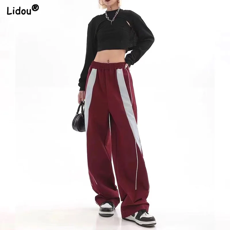 

Wide Leg Pants Solid Pockets Bright Line Decoration Spliced Side Stripe Women's Clothing Spring Summer Thin Elastic Waist Casual