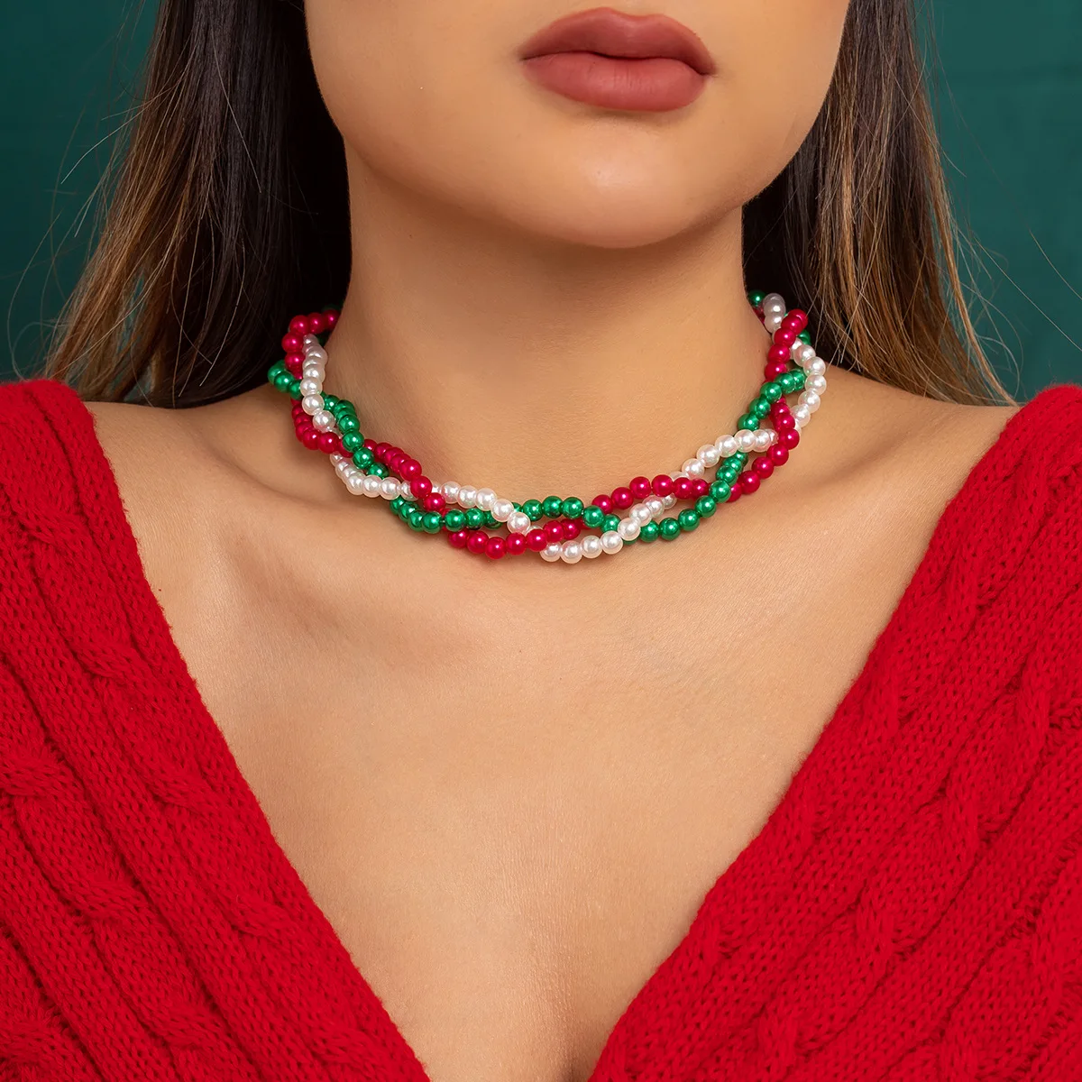 

Christmas Multilayer Pearl Beaded Necklace for Women Vintage Fashion Party Winding Colorful Necklace Collar Jewelry Xmas Gift