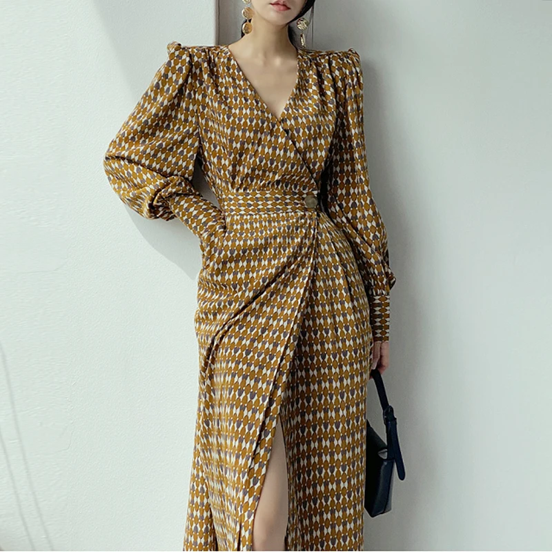 

Женское винтажное платье на пуговицах F GIRLSVintage, весеннее платье с V-образным вырезом и длинным рукавом, модельное платье с высокой талией и п...