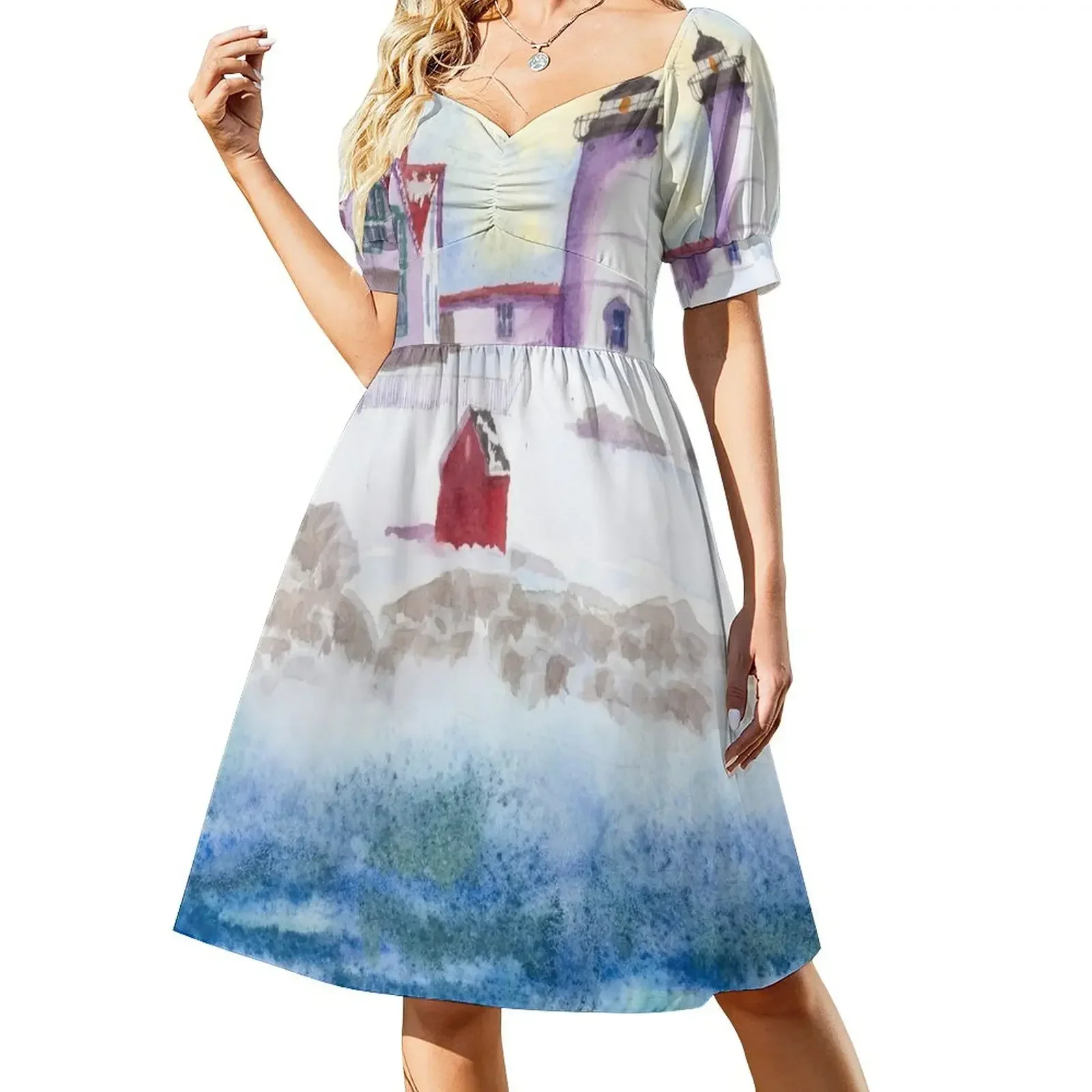 Рождественская открытка Акварель Зима в Нуббл Маяк Мене Платье без рукавов