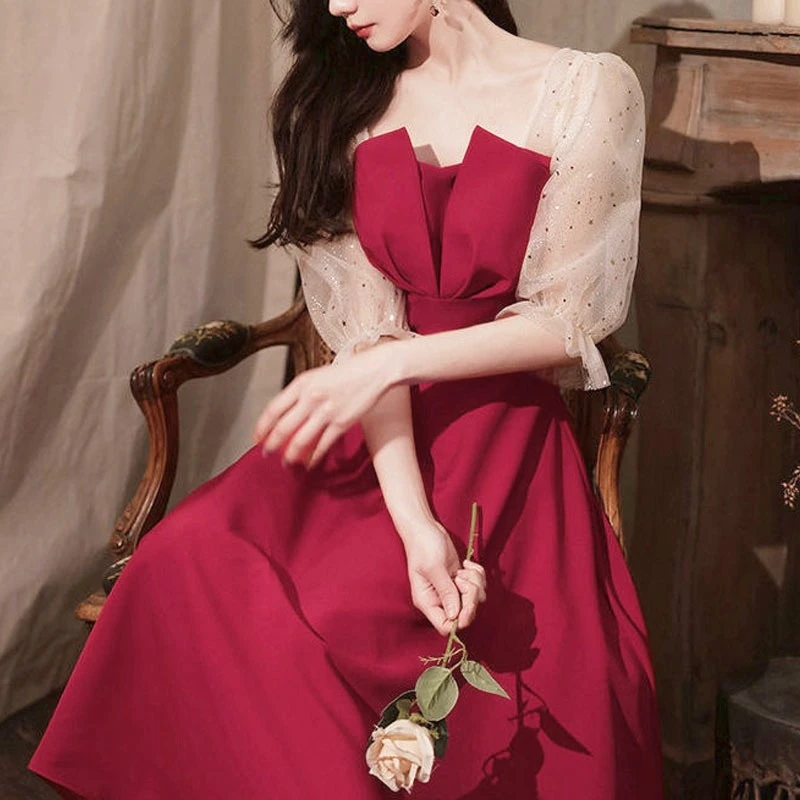 

2021 French Elegant Midi Dresses Korean Fashion Evening Party Dress Females Wedding Vintage Sundresses for Women Summer Chic