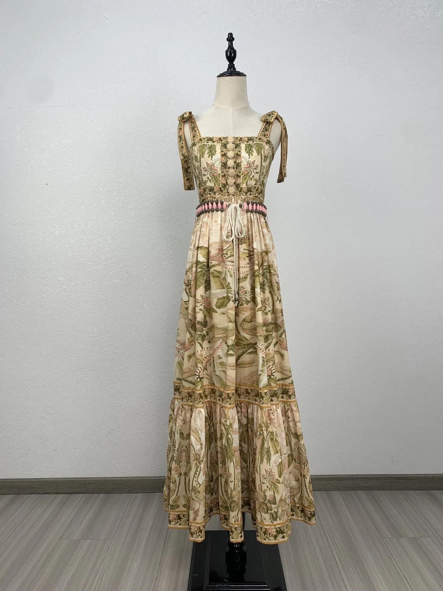 

New Arrival 2023 Summer High Quality Cotton Self-tie Camisole Floral Print Waist Belt Sleeveless Holiday Long Dress Lady