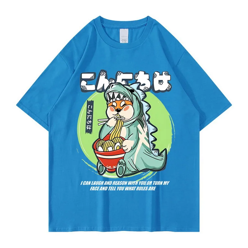 

Футболка мужская в стиле хип-хоп, уличная одежда в стиле Харадзюку, винтажная тенниска из хлопка с японским мультяшным принтом динозавра, по...