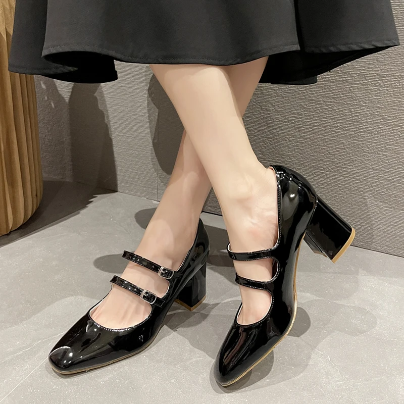 

Elegant Thick High Heels Mary Jane Shoes for Women Spring New Fashion Double Buckle Strap Pumps Women Black Patent Leather Shoes