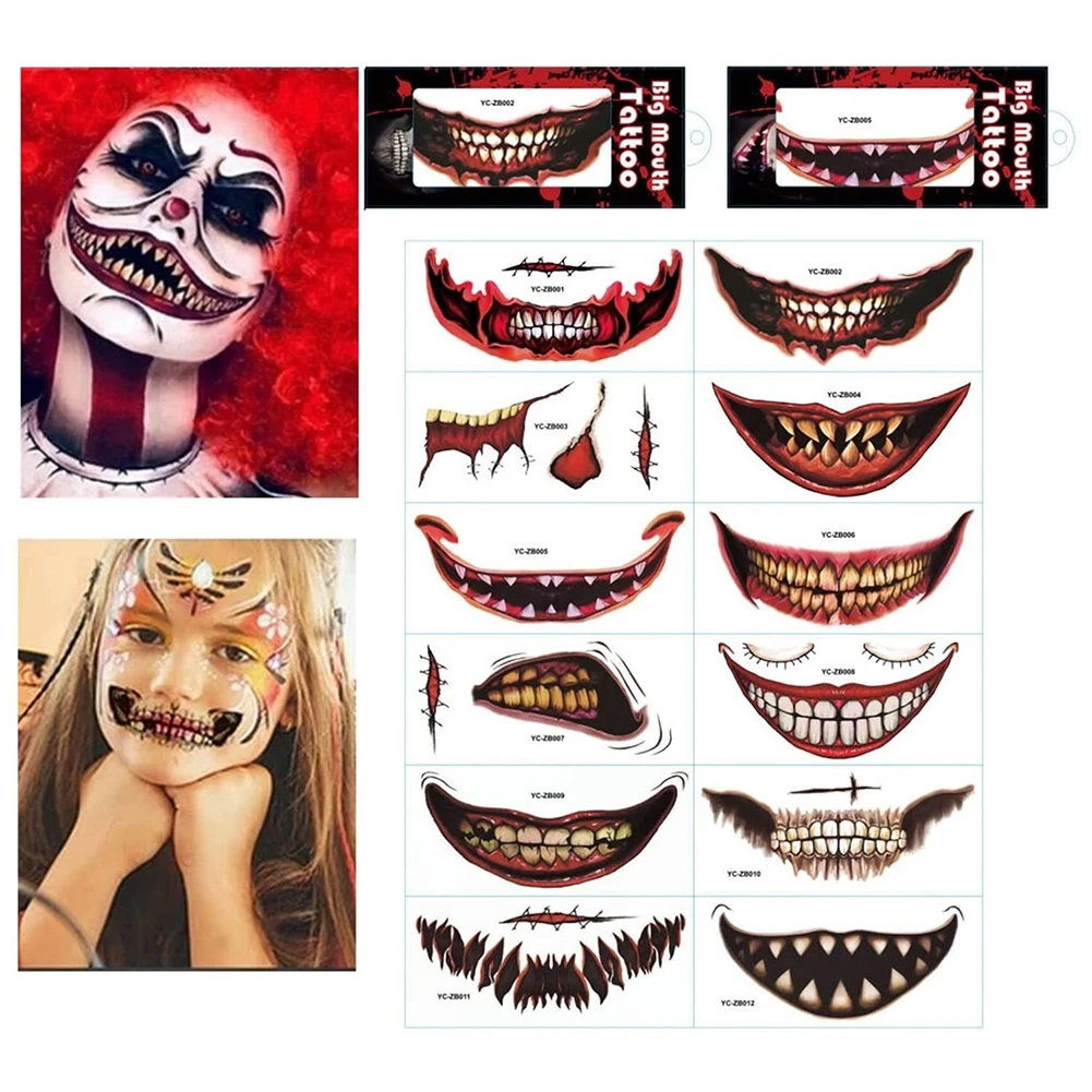 

12 Pieces Halloween Clown Makeup Stickers Realistic Cosplay Temporary Tattoo Decoration Removable for Costume Parties Role Plays
