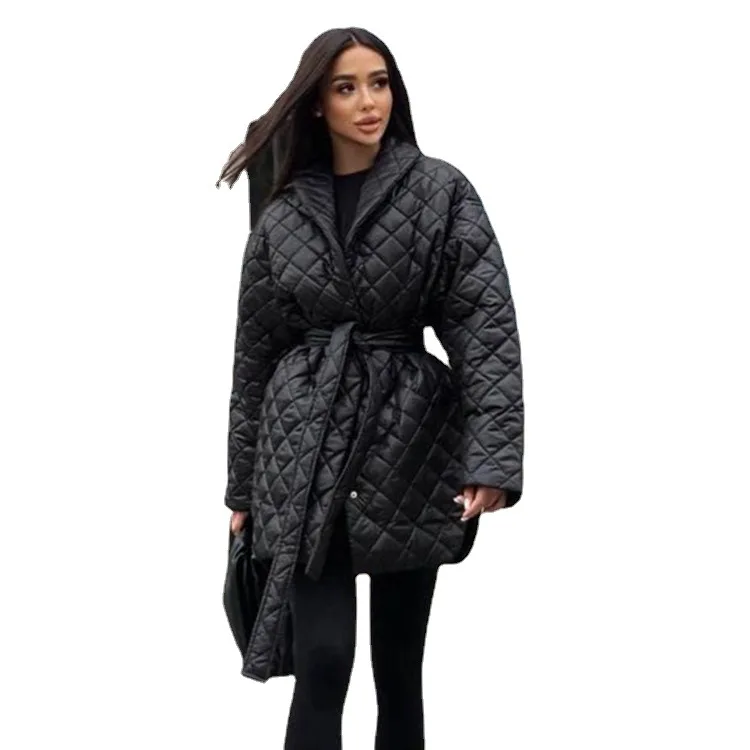2022 Slim Straps Lapel Long-Sleeved Plaid Long Personalized Cotton Jacket Female Winter Tops