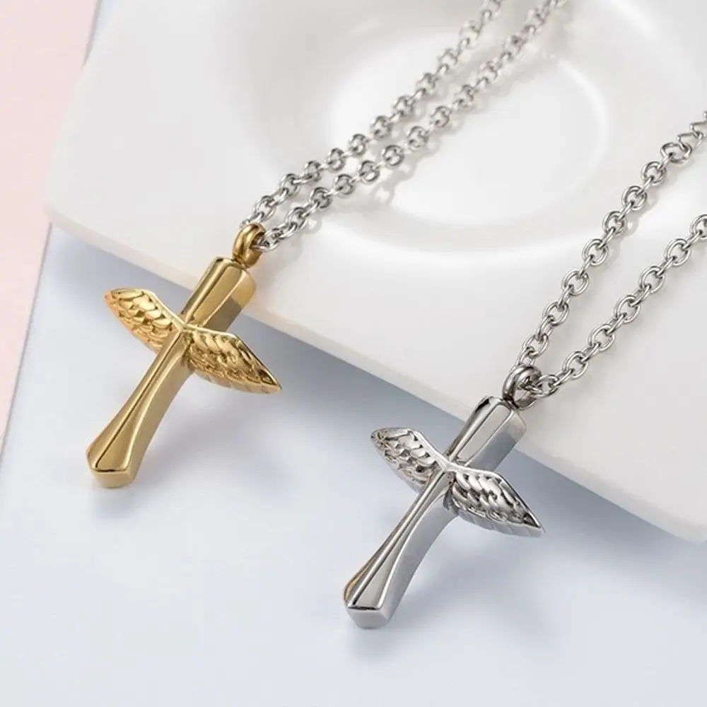 

Titanium Steel Funeral Angel Wings Cross Memorial Necklace Funeral Keepsake For Ashes Cremation Urn Vial Pendant Jewelry