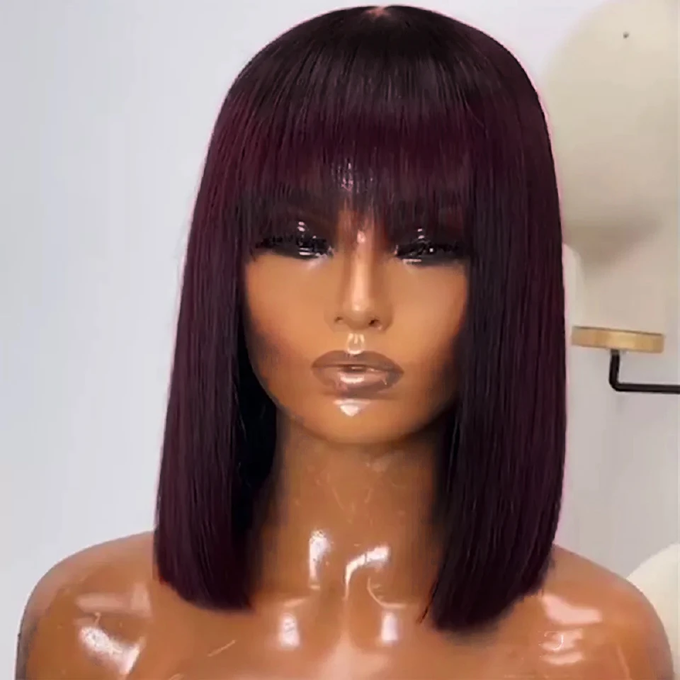 

99J Wine Red Color Bob Wig with Bangs Ombre Burgundy Red Bob Wig Human Hair No Lace Glueless Short Straight Bob Wig for Women